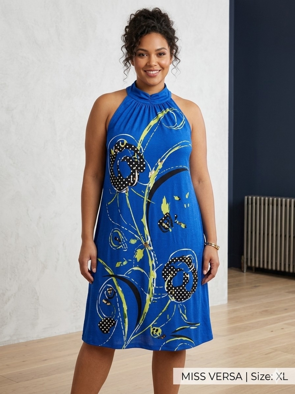 Miss Versa Blue Halter Midi Dress, Floral Print, XL, Made in Canada, Like New